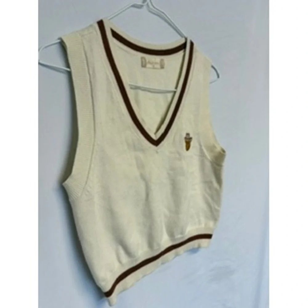 Altar'd State Cream Smiley Face Cowboy Hat V-Neck Sweater Vest Brown Trim Small